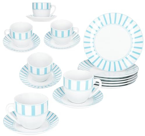MamboCat Split Service à café turquoise 18 pièces I Vaisselle en porcelaine blanche à rayures pour 6 personnes I 6 tasses de 200 ml, soucoupes et assiettes pour petit-déjeuner et café