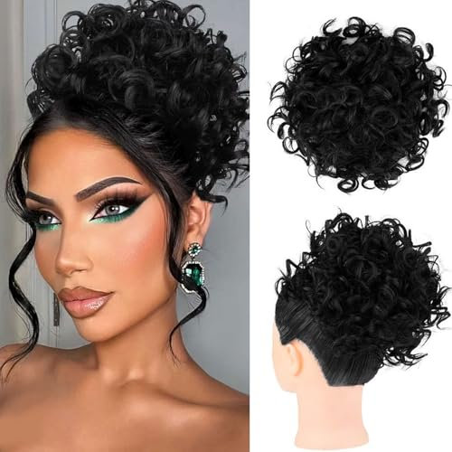 GWAWG Messy Bun Kurze lockige Pferdeschwanzverlängerung Synthetik Haar Scrunchies Groß Dutt Haarteil mit Haaren Klammer Clip Kordelzug Lose Haare Bun Haarverlängerung