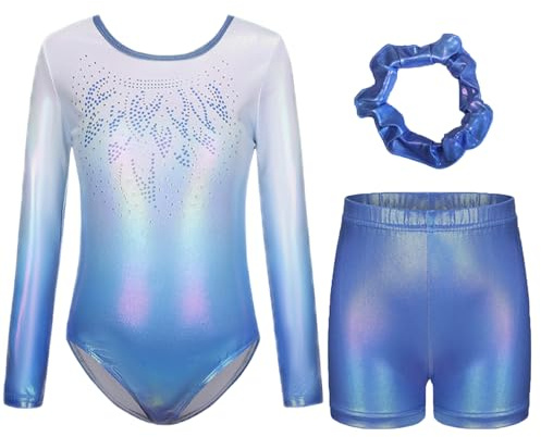 Dreiteilige Gymnastikanzug Mädchen Turnanzug Leotard Turnshorts und Haarband Set, Langarm Ballettröckchen Kleid Trikotanzug Gymnastik Outfit Set für 5-12 Jahre (Gradientes Blau, 140(11-12Jahre))