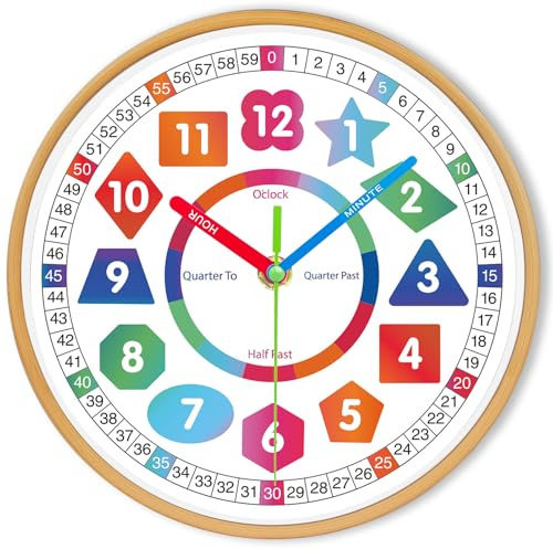 Wall Clock for Kids-Telling Time Easily Teaching Clock Silent Non Ticking Battery Operated Colorful Teaching Time Clock Decorative for Kids Room Classroom School Playroom (10 Inch)
