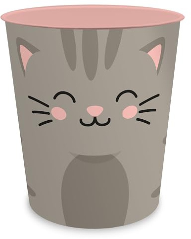 itenga Papierkorb für Kinder mit Tier Motiv - Kawaii Design - rund ca. 11 Liter - Mülleimer fürs Kinderzimmer - stabiler Kunststoff (Katze)