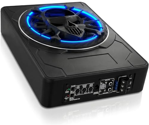 OiLiehu Caisson de Basse pour Voiture, Subwoofer Alimenté sous Le siège Ultra, Mince de 10 1200W, Amplificateur Audio Intégré, Son Surround Stéréo, avec Lumière Ambiante LED de Plusieurs Couleurs