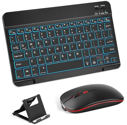 Aolso Tastiera Retroilluminata Bluetooth Set con Retroilluminazione, Ultrasottile Tastiera e Mouse Wireless Ricaricabili e Silenziosi con Supporto Telefono per iPad/Samsung/iOS/Android/Windows, Nero