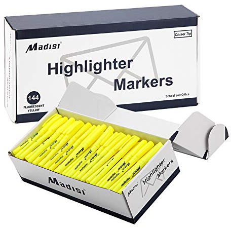 Madisi Highlighters Bulk, Chisel Tip, Fluorescent Yellow, 144-Count
