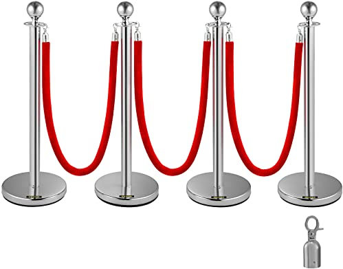 FlowerW Set of 4 Silver Round Top Queue Barrier Posts Stands Security Stanchion Rope Divider with 1.5M Red 3 Velvet Rope