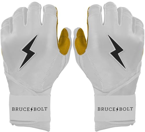 BRUCE BOLT 2020 Premium Pro White Long Cuff Cabretta Leather Baseball Batting Gloves with Glove Bag - Adult Medium LWM