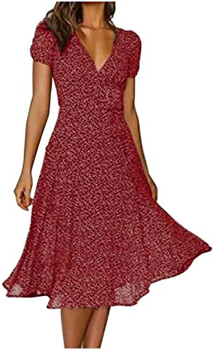 Women's Short Sleeve Maxi Dress - V Neck Floral Swing A-Line Midi Beach Boho Polka Dot Casual Loose Evening Party Elegant Wedding Guest Dress in Wine
