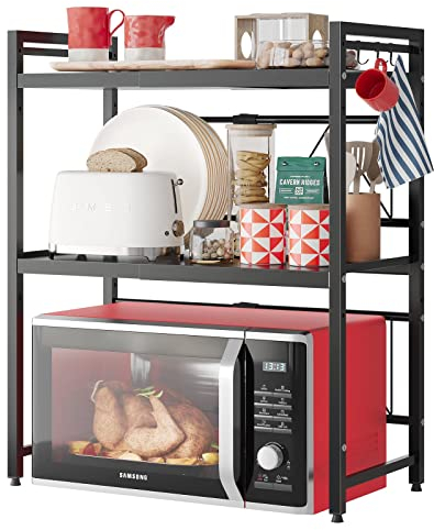 NETEL Expandable Microwave Shelf, 3 Tier Microwave Stand with 8 Hooks, air fryer shelf stand,Microwave Oven Rack, Kitchen storage & Organisation, Bakers Rack, Kitchen Countertop Organiser Shelves