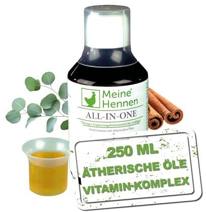Meine Hennen Tutto in uno, mangime liquido complementare per pollame, vitamine A, D3, E, complesso B e 8 oli essenziali, flacone da 250 ml, per polli, quaglie e piccioni