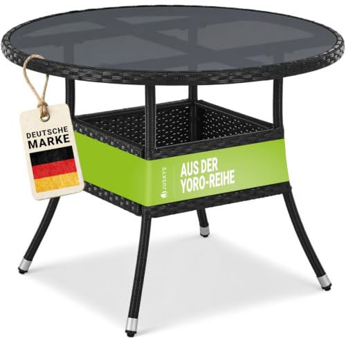 Juskys Table de Jardin Yoro en polyrotin résistant aux intempéries - Table de Balcon Ronde Ø 80 cm - Table d'appoint en rotin à Plateau en Verre - Petite Table pour Balcon, Jardin & terrasse - Noir