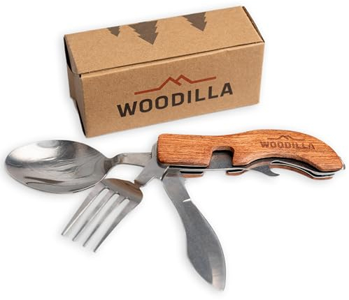 Woodilla Outdoor Campingbesteck - Klappbesteck, aus Edelstahl & Holz, Messer, Gabel, Löffel, Flaschenöffner, 4-teiliges Besteckset, 4 in 1 Funktion
