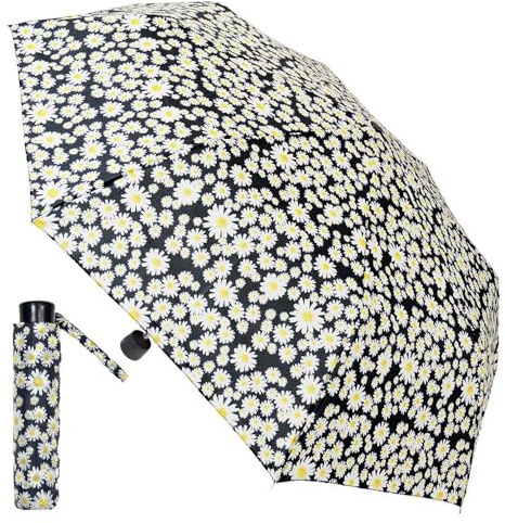 A2Z Ombrello Supermini Donna Ultra Impermeabile Resistente al Vento Protezione Solare Compatto Impugnatura Morbida Pied de Poule Margherita Nera Stampa Foglia Leggero Ripari Portatili Pioggia Forte
