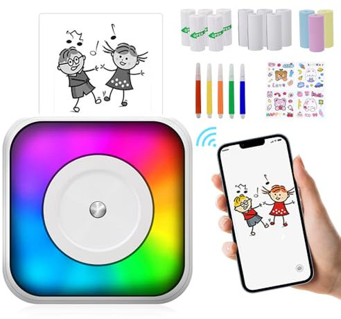 Mini impresora portátil térmica: impresora portátil Bluetooth Etiquetadora con batería de 1200 mAh y 11 rollos de papel para fotos, etiquetas adhesivas personalizadas, notas, compatible con iOS y