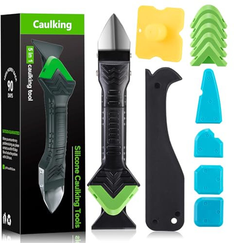 Professionale Strumento per Calafataggio 5 in 1, Rimuovi Silicone Spatola per Silicone togli e Spatola Raschietto per Stucco Strumento Con 6 Cuscinetti Sostituibili Sigillante