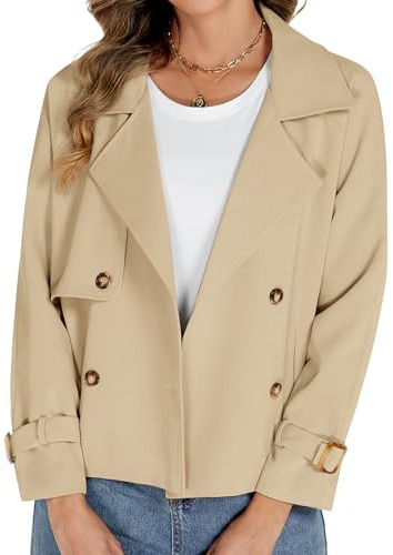 Tuopuda Gabardina Corta Mujer Trench Casual Abrigos Primavera Otoño Viento Chaqueta Ligera Cuello Solapa Clásica Doble Botonadura Cortaviento Chaqueta Entretiempo, Beige, XL