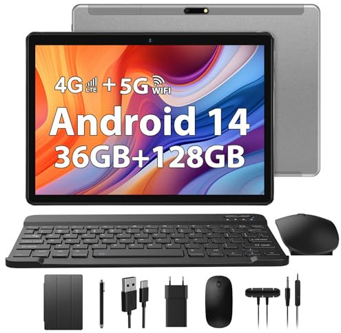 TIGERFU Android 14 Tablet 10 Pulgadas con Tarjeta SIM y 5G WiFi, 36(12+24) GB RAM+128GB ROM(1TB TF), Octa-Core 2.0 GHz, GMS Cerfified, 8000mAh, 8MP+5MP, Tablet con Teclado, Ratón, Lápiz, Funda - Gris