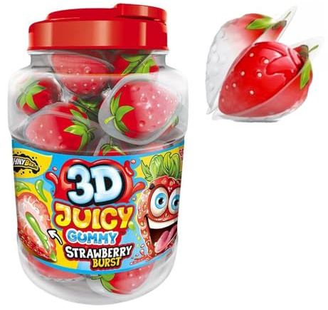 Strawberry 3D Juicy Gummy | Tarro 60 Fresas Rellenas Ácidas | Chuches Sin Gluten | Aptas Vegetarianas y Halal