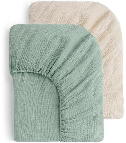 Yoofoss 2er Set Kinder Spannbettlaken Musselin-Baumwolle Baby Bettlaken 60x120cm Reisebett Spannlaken Beistellbett Leintücher für Babybett und Kinderbet (Beige Grün)