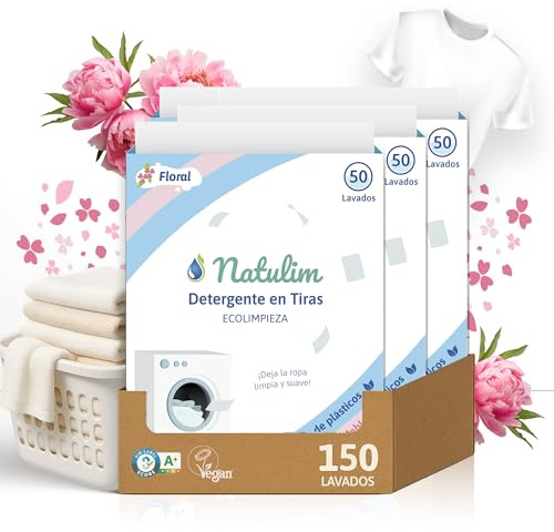 Natulim - Detergente en Tiras para Lavadora (150 Lavados) - Incluye efecto Suavizante, Ecológico, Hipoalergénico, Made in Spain - Ropa limpia y suave sin ensuciar el Planeta (Floral) - 3 Pack