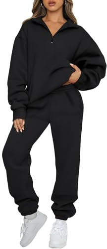 JFAN Conjunto Chandal Mujer 2 Piezas Traje Top Manga Larga con Media Cremallera Conjunto Chandal Pantalones Deportivos Casuales Sudadera Negro XL