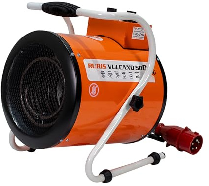 RURIS Chauffage Soufflant Électrique Industriel VULCANO 500 5kW, 3 Niveaux de Chauffage, 411 m³/h, Thermostat Intégré, IPX4, 380-400V, Pour Atelier, Garage, Chantier
