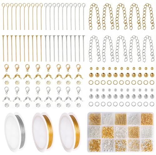 1260St Perlen Set mit 3 Rolls Schmuckdraht (Silber & 2 Gold)- 54m Gesamtlänge à 18m/0,5mm, DIY Schmuck Basteln Beads & Zubehör Making Kit für Armbänder Ketten
