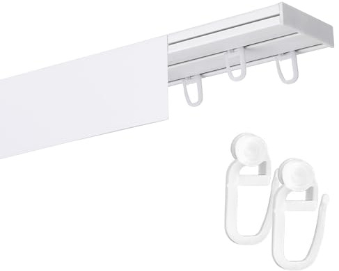 Fenster DEKOR Gardinenschiene mit Blende 2-läufig – PVC Vorhangschiene zur Deckenmontage, Deckenschiene für Vorhänge, Weiß, mit Haken mit Rolle, 160 cm