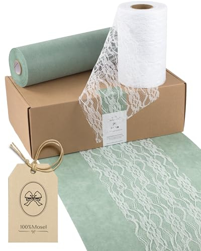 100% Mosel Set de Caminos de Mesa Verde Eucalipto & Blanco – Camino de Vellón (30 cm x 25 m) & Cinta de Encaje (15 cm x 25 m), 2 Rollos para Boda, Bautizo, Comunión