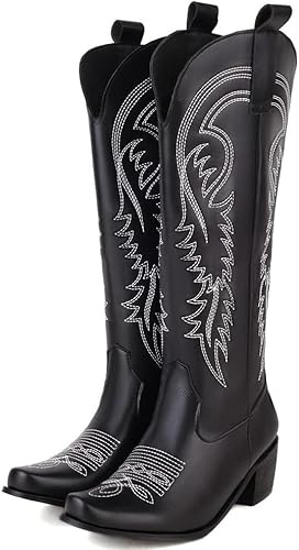Stivali Alti al Ginocchio da Donna Ricamati in Stile Western, Punta A Punta alla Moda con Tacco Spesso E Gambale Lungo, Comodi Stivali da Cavaliere da Cowgirl con Tacco Basso, 2black, 5 UK