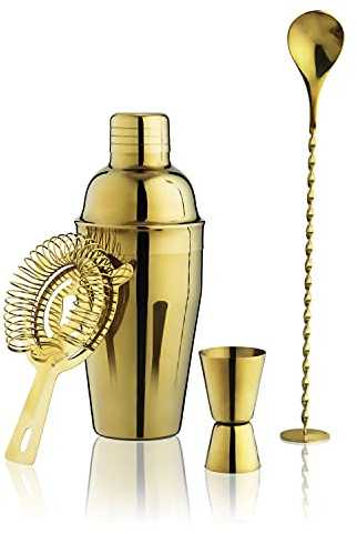 True 4-Piece Cocktail Shaker Set Includes Cobbler Shaker, Strainer, Jigger, Bar Spoon for Classic Cocktails, Mixed Drinks, Cold Brew, Home Bar Tools, Bartender Gifts, Bar Cart Accessories, Gold