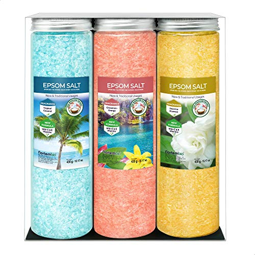 Nortembio Sali di Epsom Confezione Regalo Fragranze Gelsomino, Cannella e Cocco 3 x 430 g | Magnesio Naturale con Vitamine C ed E | Bagni Rilassanti, Spa, Idratazione + E-Book Gratuito