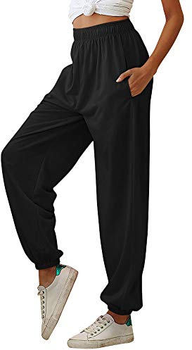 Nuofengkudu Donna Harem Jogging Pantaloni con Tasconi Vita Alta Larghi Lunghi Elastico Caviglia Classico Baggy Fitness Jogger Pantalone Running Sportiva Casa Casual(Magro-Nero,XL)
