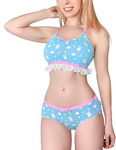 Littleforbig Lacy Trim Women Nightwear Strap Sleepwear Cami Top Shorts Lingerie bralette loungewear Set - Snuggle Bunny Blue L