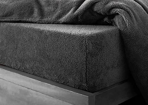 HOMES-LINEN Teddy Fitted Sheet Extra Deep 30cm Deep Fitted Bed Sheet Soft Cosy Warm Teddy Bed Sheet (Charcoal, Double)