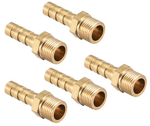 QUARKZMAN 6mm Raccord cannelé à G1/8 Filet Mâle Tuyau x 5PCS Laiton Droit Raccord cannelé Tuyau Raccord pour Air Eau Carburant Pneumatique Tuyau, Or
