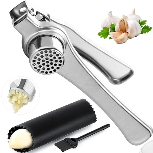Twiller knoblauchpresse Edelstahl, Küchenhelfer Garlic Press, 18 cm Knoblauchschneider mit Schälhilfe und Bürste Spülmaschinenfest Silber