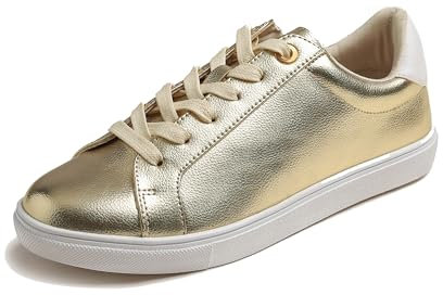 Feversole Women's Fashion Light Weight Spring Summer Vegan Leather Sneaker Casual Comfort Walking Shoes Gold Color Size 5