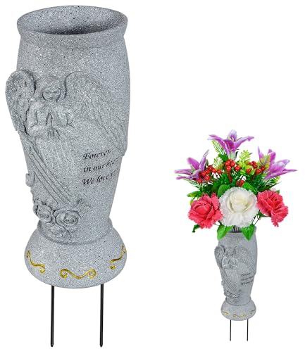 SIFOEL Friedhofsvase, Grabvase mit Erdspießen, Engelsvasen für künstliche Blumen, Grabblumenhalter für Friedhofsgrabstein (1Stück, Engel)