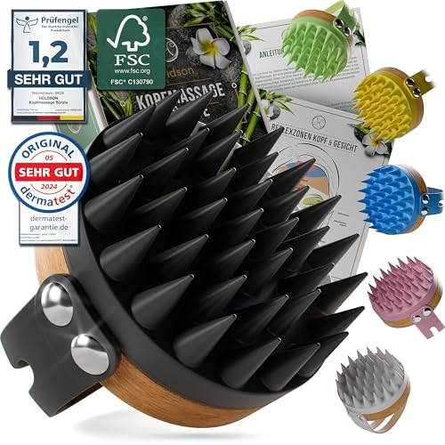 HELDSON® Premium Kopfhaut Massagebürste - FSC®100% - Kopfmassage Bürste - Scalp Massager Brush - Haar Massagebürste Haare - Hair Care Kopfhaut Peeling - Kopf Massage - Scalp Scrub [Onyxschwarz]
