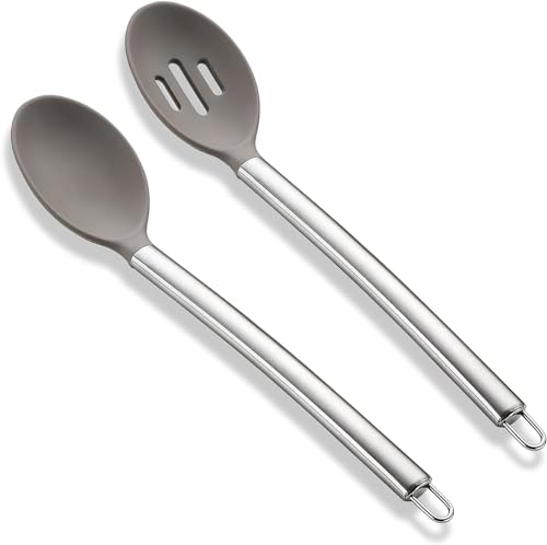 ReaNea - Set di Cucchiai da Cucina in Silicone, Solido e Scanalato, Manico Resistente al Calore, per Pentole Antiaderenti, Lavabili in Lavastoviglie, Facili da Usare