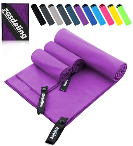 Fosdaling Mikrofaser Handtuch 3er Set - Groß 180×90cm & 2 Klein 80×40cm, Schnelltrocknend Microfaser Handtücher, für Reisehandtuch, Badetuch, Fitness & Sport Handtücher und Strandtuch (Lila)