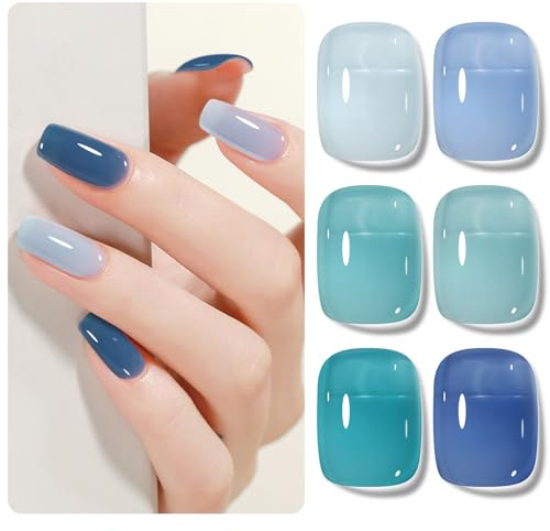 Shining She UV/LED Gel Nail Polish Kit - 6 Color Light Blue/Cyan Light Green Sheer Transparent Soak-Off Polish for Nail Art Salon & DIY Home, 8ML