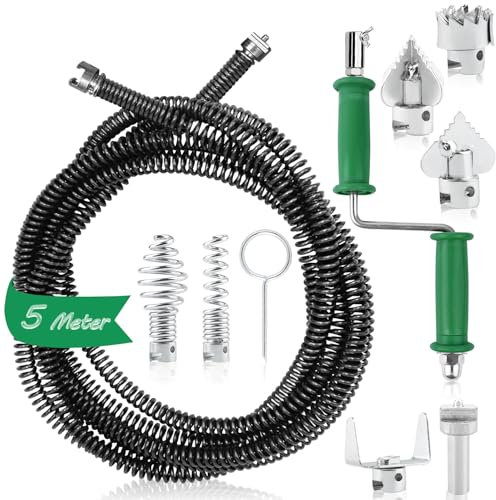 LWAIX Rohrreinigungsspirale Abflussreiniger Spirale Abfluss Rohrreinigung 5m×12mm Rohrspirale Abflussspirale Rohrreinigungswelle Drain Snake mit 6Stk Abflussreiniger Schneidkopf