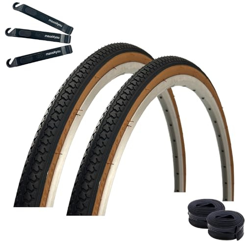 2 x Roverstone 27 cykeldäck Svart/Brun 37-630 (27x1 3/8) + 2 x matchande slangar SV inkl. maxxi4you däcklyftare