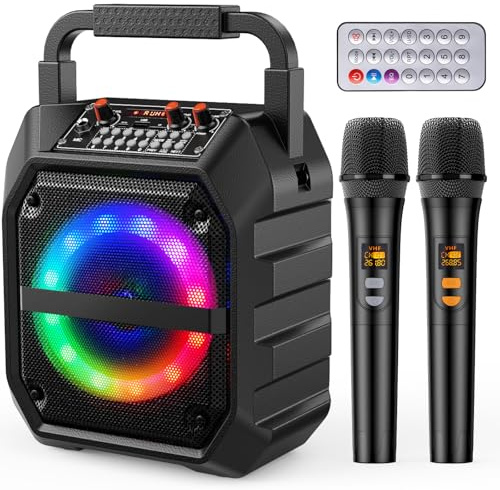 PKBD Karaoke Machine with Two Wireless Microphones,Portable Bluetooth Speaker with LED Lights, PA System, Supports TF Card/USB for Adults & Kids, for Girls Boys Families Home Party (Dark Black)