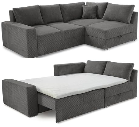 Ecksofa-Dauerschläfer B260/T181/H88 cm Federkern Boxspring-System, inkl. Schlaffunktion Bettkasten, Kaltschaum-Topper, Ottomane links oder rechts montierbar, Bezug Cord in Grau Anthrazit / 15233