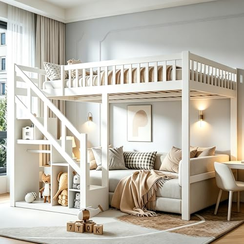 YNYHTER Litera Infantil de 90 x 200 cm, de Madera, con Espacio de Almacenamiento, para Niños, Cama Alta con Escalera, Cama Infantil con Protección Anticaídas, Sin Colchón (Blanco, 90 x 200 cm)