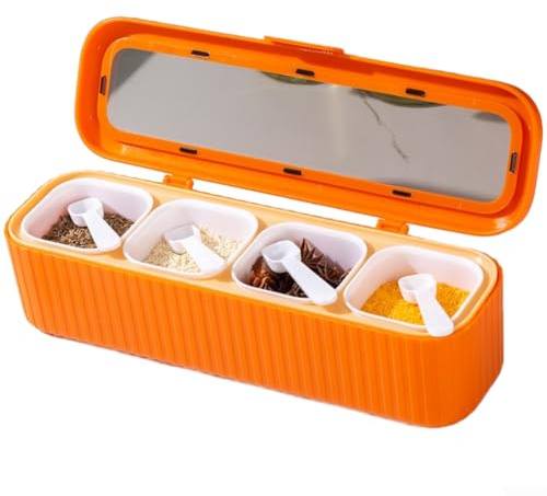 Kryddlåda med 4 fack lufttät med skedar – transparent kryddburk för kök – praktisk kryddbehållare organisatör – perfekt för matlagning och bakning – 27,5 x 7,5 x 8 cm blå rosa grön orange (C)