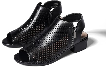 J. Adams Tracy Perforated Flat Bootie - Casual Open Toe Low Heel - Cut Out Shoe, Black Pu, 7