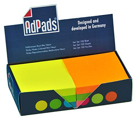 AdPads® selbstklebende Haftnotizzettel | 75 x 70mm, 6 Blöcke à 100 Blatt, Set Bunt Neonfarbe | Kleine Sticky Notes Box